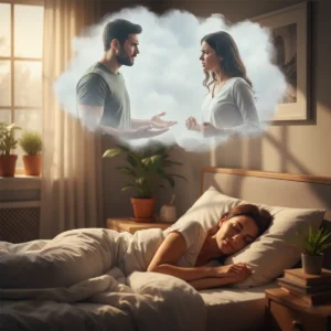 A woman sleeping and visualizing a tense confrontation in her dream, showing emotional conflict and psychological meaning.