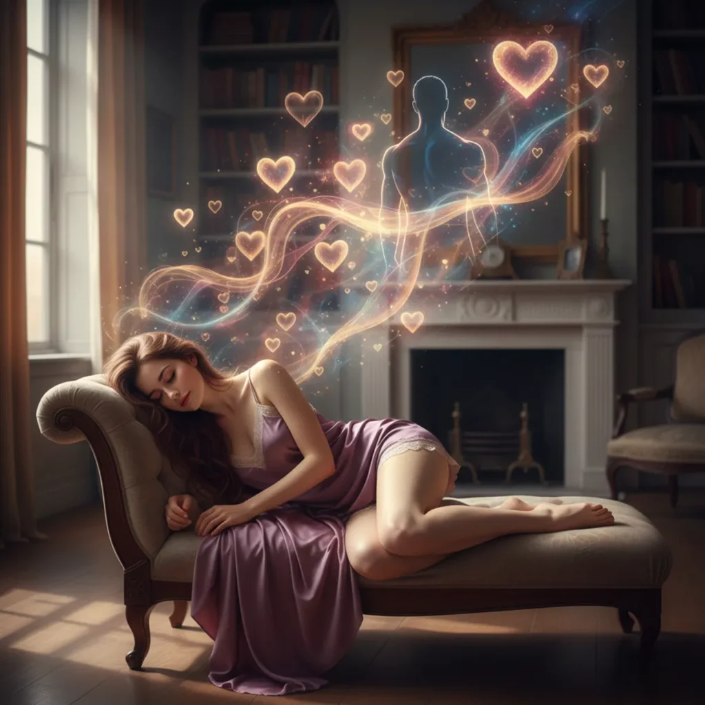 A beautiful young woman in silky sleepwear sleeping on a luxurious couch, dreaming of glowing hearts and a mysterious figure, ultra-realistic, cinematic lighting.